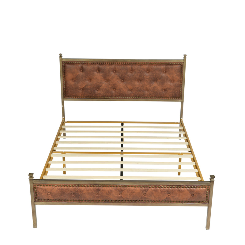 Queen Size Upholstered Platform Bed Frame with Gold Metal, Beige/Suede