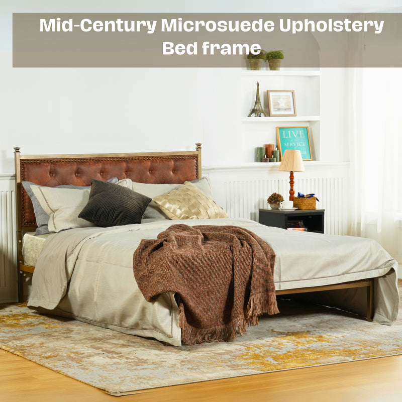 Queen Size Upholstered Platform Bed Frame with Gold Metal, Beige/Suede