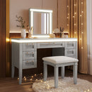 [OLD SKU: N704P337484E] 48' Vanity Desk with Mirror and Lights, Makeup Vanity with 7 Drawers and Cushioned Stool, Dressing Table with Hollow Design Drawer, Rubber Wood Legs, Greyblue