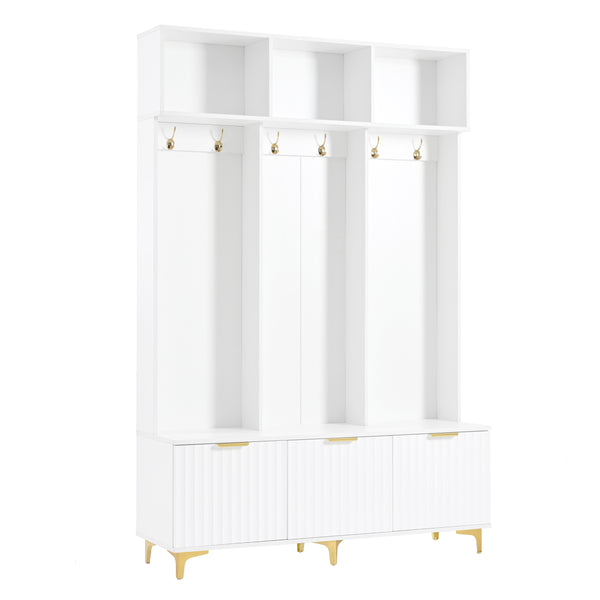 Modern Large Storage Hall Tree with Bench, Multifunctional Storage Bench with High Gloss Fluted Doors, Luxurious Coat Rack with 6 Gold Hooks and Legs for Entryway, Living Room, White
