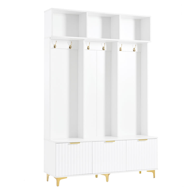 Modern Large Storage Hall Tree with Bench, Multifunctional Storage Bench with High Gloss Fluted Doors, Luxurious Coat Rack with 6 Gold Hooks and Legs for Entryway, Living Room, White
