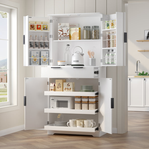 72' Fluted Kitchen Pantry Cabinet with 3 Keyboard Drawers & 6 Door Shelves Adjustable, Freestanding Cupboard Storage Cabinet for for Bathroom, Diningroom, Office, Entryway, White