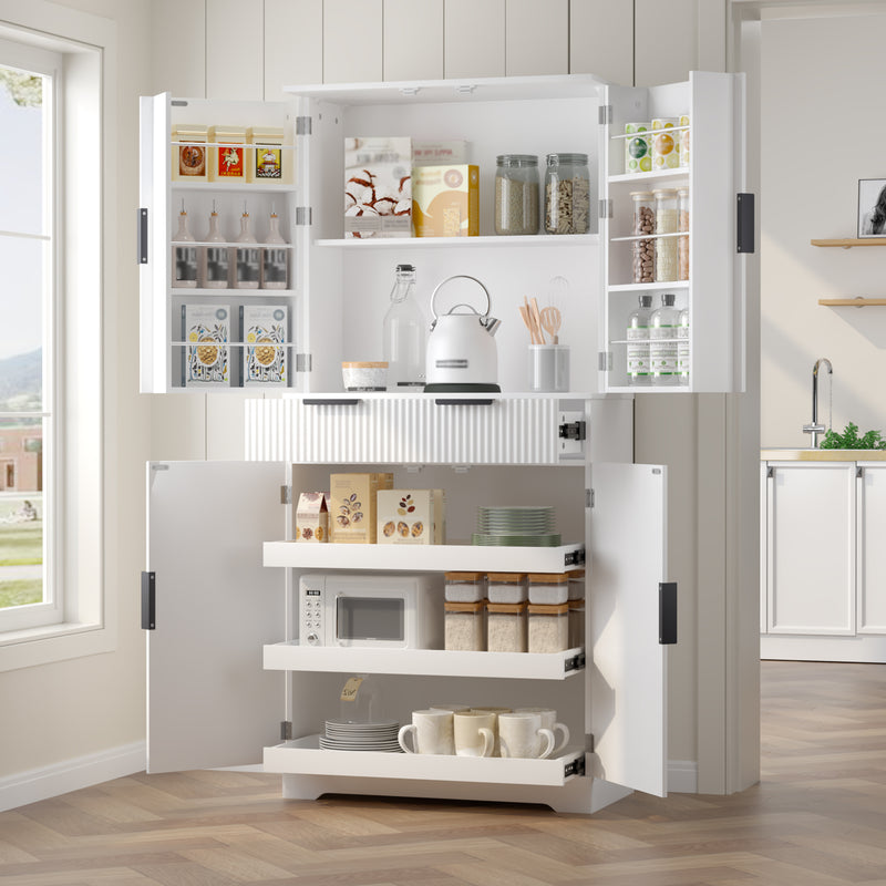 72' Fluted Kitchen Pantry Cabinet with 3 Keyboard Drawers & 6 Door Shelves Adjustable, Freestanding Cupboard Storage Cabinet for for Bathroom, Diningroom, Office, Entryway, White