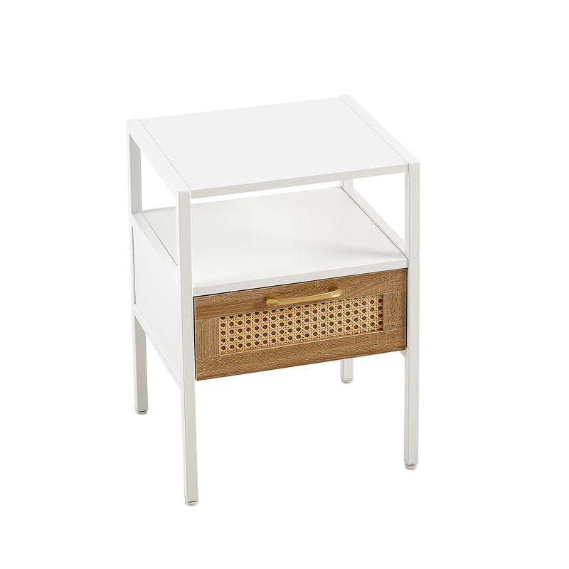 Modern Rattan End Table with Drawer, White MDF Body, Metal Legs, 15.75'