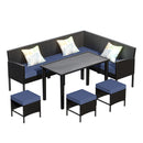 7-Piece Outdoor Furniture Set, Waterproof Cushions, Glass Table, Space-Saving, Dark Blue
