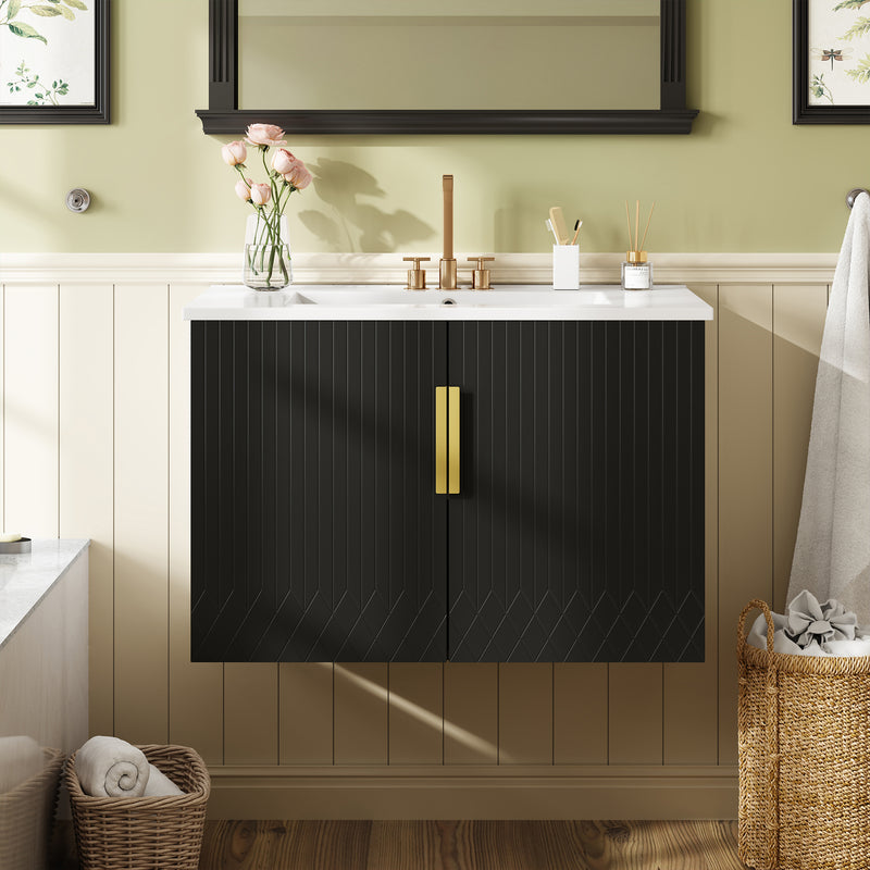 30' Vintage Bathroom Vanity with Ceramic Sink, with 3 Holes Single Ceramic Sink, Bathroom Storage Vanity Cabinet with 2 Soft Closing Doors