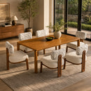 7‑Piece Dining Table Set for 6, 70' Walnut Rubber Wood Rectangular Dining Table + 6 Upholstered Dining Chairs, Beige Seat, Light Gray Patterned Fabric Back, Dark Brown Rubber Wood Frame