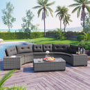 <Old SKU: FG201215AAE> 8-pieces Outdoor Wicker Round Sofa Set, Half-Moon Sectional Sets All Weather, Curved Sofa Set With Rectangular Coffee Table, PE Rattan, Movable Cushion, Gray