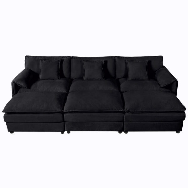 Oversized Deep Seat Sectional Cloud Sofa Sleeper with 3 Ottomans & Soft Pillows, Modular Couch Bed, Black Chenille