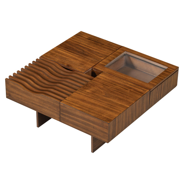 U-Can 33''Mid Century Modern Coffee Table,Unique Square Wooden Coffee Table with 3 Drawers, Tempered glass and Solid Wood Legs for Living Room