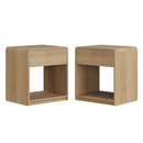 Mid-century modern bedside table set, 2 pieces, oak color, with storage drawers and open shelves, compact side table with rounded corners, engineered wood