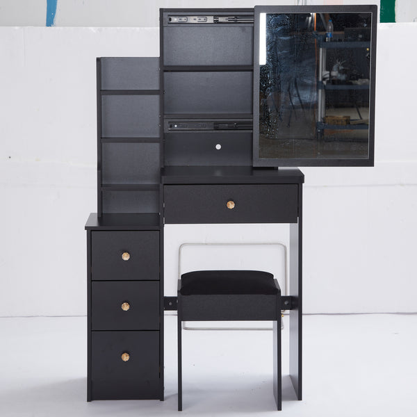 29.2' Small Space Left Bedside Cabinet Vanity Table + Cushioned Stool, Extra Large Right sliding mirror, Multi Layer High Capacity Storage, Practical Fashionable Dresser, Suitable For Small Space