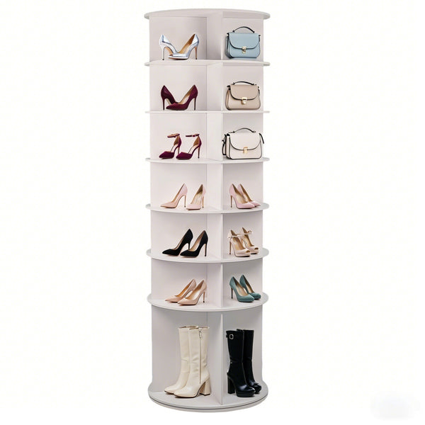 7 Tier Rotating Shoe Rack with High Base Design, Freestanding 360° Organizer for 28 Pairs , White PVC