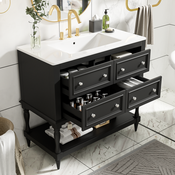 36' Bathroom Vanity Cabinet with Sink Combo Set, Undermount Ceramic Sink, Free Standing Vanity Set with 4 Drawers, Solid Wood Frame Bathroom Cabinet, Black
