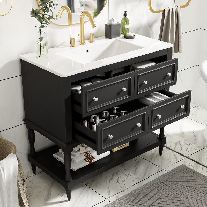 36' Bathroom Vanity Cabinet with Sink Combo Set, Undermount Ceramic Sink, Free Standing Vanity Set with 4 Drawers, Solid Wood Frame Bathroom Cabinet, Black