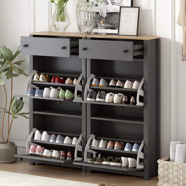 ON-TREND Slim Tipping Bucket Shoe Cabinet Set with 4 Flip Drawers, Wood Grain Pattern Top Shoe Storage Solution with Adjustable Panel, Modern Style Shoe Rack with Drawers for Hallway, Grey