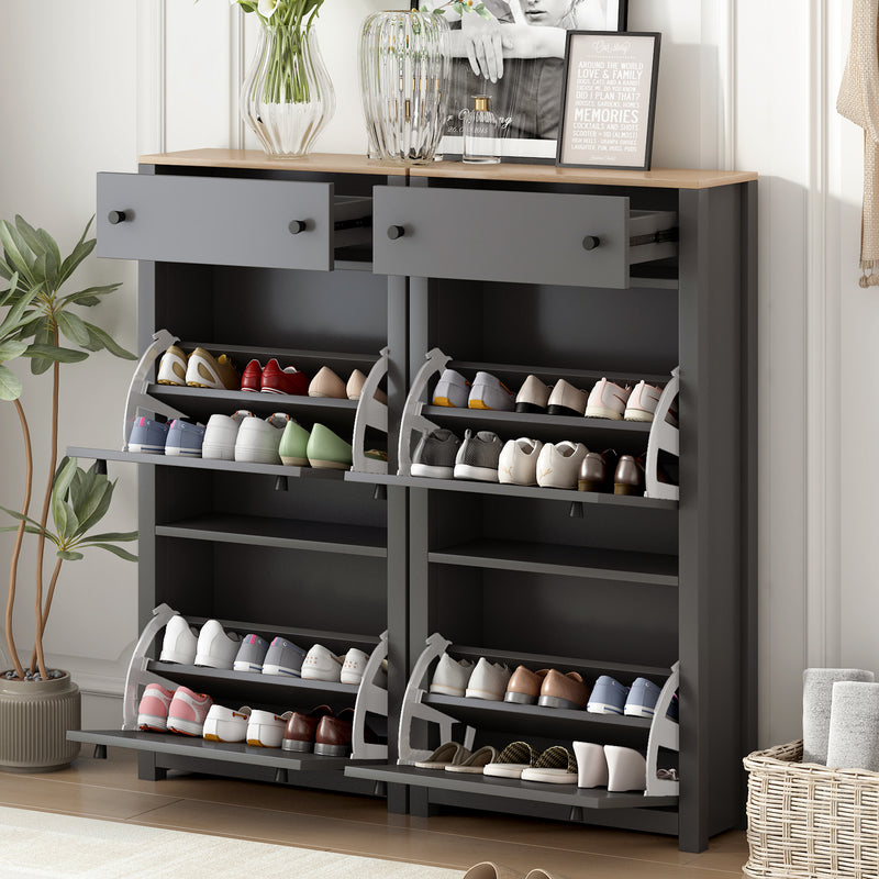 ON-TREND Slim Tipping Bucket Shoe Cabinet Set with 4 Flip Drawers, Wood Grain Pattern Top Shoe Storage Solution with Adjustable Panel, Modern Style Shoe Rack with Drawers for Hallway, Grey
