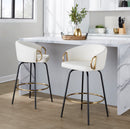 26' Contemporary Fixed-Height Counter Stool with Swivel in Black Metal and White Faux Leather with Round Gold Metal Footrest  - Set of 2