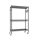 Heavy Duty Rolling Clothes Rack with 3 Tier Shelves, 2 Rails & Side Hooks, Adjustable Freestanding Organizer, Black Metal
