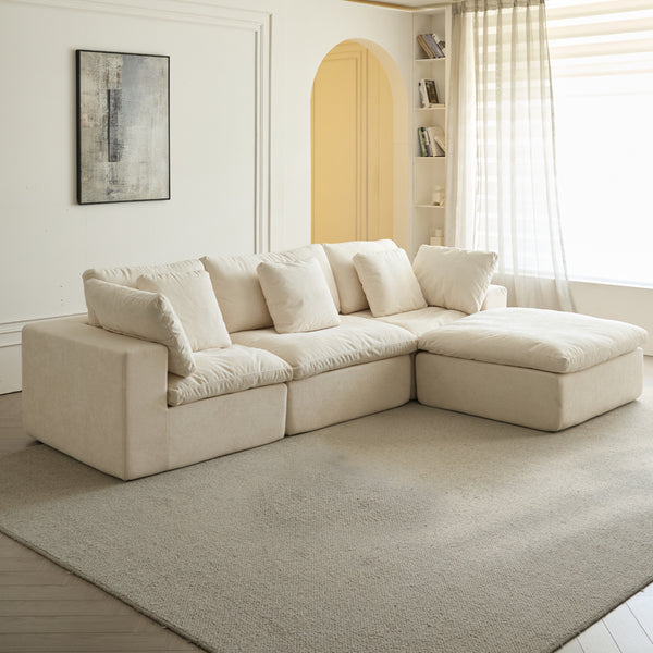 Cloud Modular Sectional Sofa, Oversized Sectional Couches for Living Room, Cushion Deep Seat Sofa Set, Corduroy L Shaped Couch with 1 Ottoman (Beige)