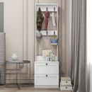 2-in-1 Coat Rack and Nightstand,Wood Bedside/Entryway Storage Organizer with Drawer & Hooks, Freestanding Clothes Hanger for Bedroom,Hallway