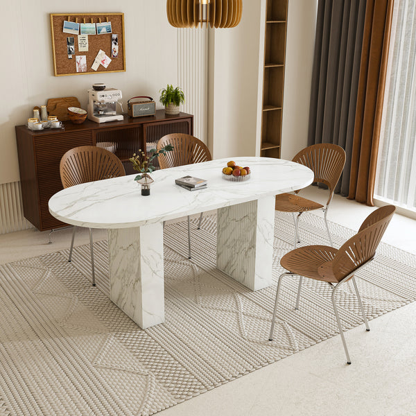 62.9 Inch Oval Dining Table for 6, Marble Top Kitchen Table with Wood Strip Base, Modern Farmhouse Dining Room Table with Waterproof Scratch Resistant Surface, White Marble Finish