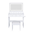 Modern White Vanity Desk with Large Mirror, Power Outlet & Hair Dryer Holder, Adjustable Lighting, 5 Drawers