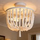 12.5' White Wood Bead Semi Flush Mount Ceiling Light Fixture - Modern Farmhouse Bohemian Coastal Chandelier for Entryway Bedroom Lounge Laundry Room Nursery Kitchen Island, E12 Base