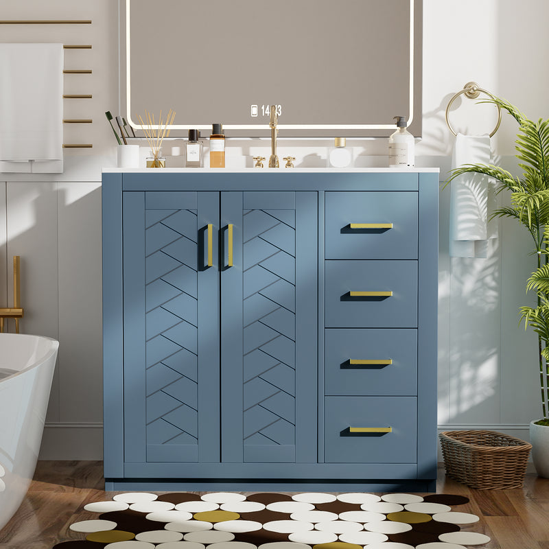 36'' Bathroom Vanity with Ceramic Sink Combo, Solid Wood Frame Bathroom Storage Cabinet, Freestanding Vanity Set with 3 Drawers& Soft Closing Doors