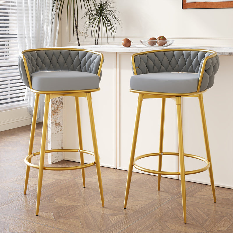 Swivel Counter Height Bar Stools Set of 2,31.5'Bar Height Stools with Hand-Woven Backrest & Gold Metal Legs,Modern Low Back Upholstered Kitchen Chairs with Footrest for Island,Dining Room,Grey