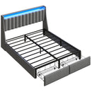 Grey Upholstered Queen Size Platform Bed Frame with RGB LED Lights, Charging Station, 2 Underbed Drawers & Storage Headboard, All-Metal Construction, No Box Spring Required