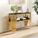 Luxury Gold Console Table with 2-Tier Black Tempered Glass Shelves, Modern Oval Entryway Table for Hallway & Living Room, Polished Stainless Steel Frame, 47' x 15.7' x 31.5'