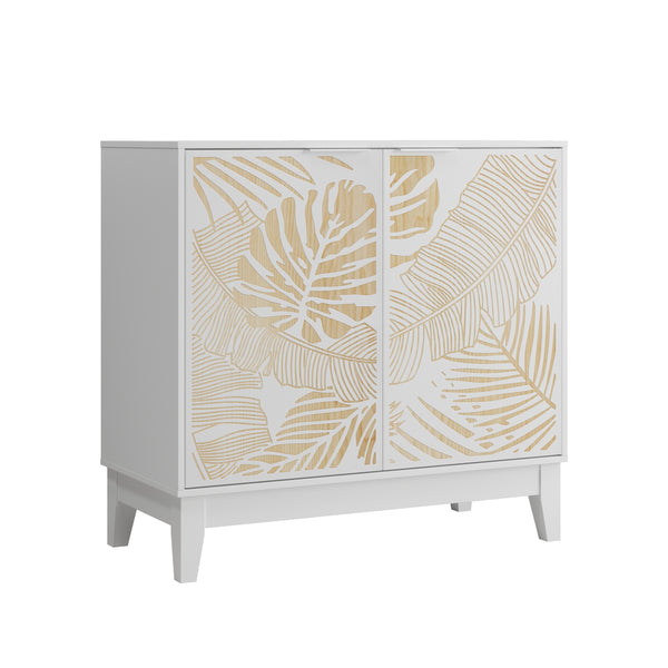 Vintage Carved Buffet Cabinet with Adjustable Shelves, Wooden Decorative Sideboard, White, MDF, 31.5 Inch
