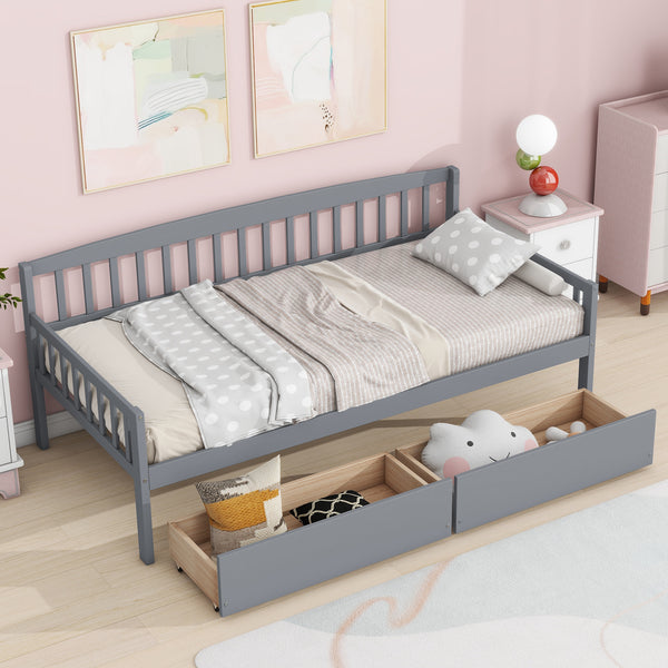 Twin-size Pine Wood Daybed with two Storage Drawers, Sofa Bed with Bed Platform of 10 Support Slats,Grey