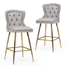Bar Stools Set of 2, Velvet Counter Height Bar Stools with Metal Legs, Button Tufted and Nailheads Trim, Wing-Back Bar Chairs for Kitchen Island Dining Room Pub, Gray