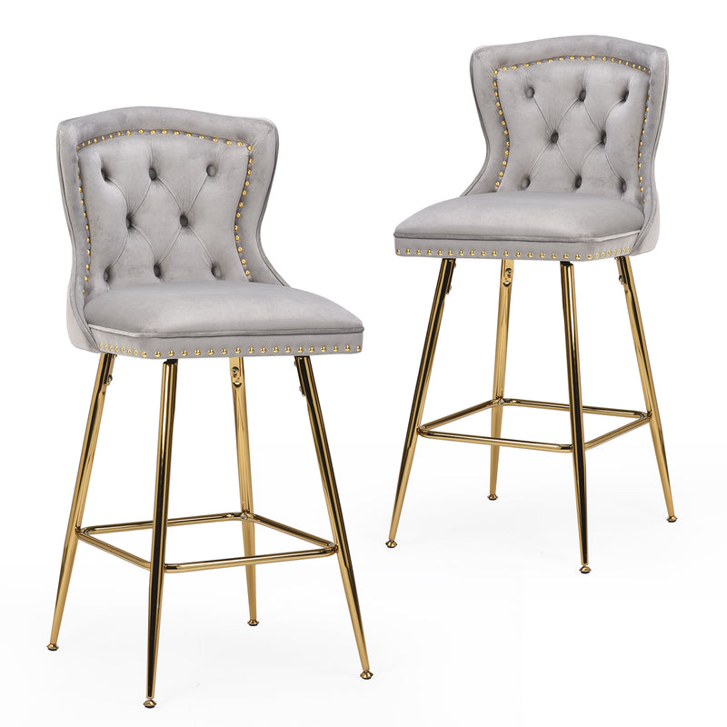 Bar Stools Set of 2, Velvet Counter Height Bar Stools with Metal Legs, Button Tufted and Nailheads Trim, Wing-Back Bar Chairs for Kitchen Island Dining Room Pub, Gray