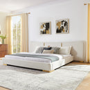 King Size Extra Large Platform Bed, Soft Chenille Fabric Frame, Curved Headboard, Reinforced Electroplated Metal Legs, Flexible DIY Side Space Design-Beige