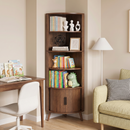 5-Tier Corner Shelf, 67'' Tall Corner Bookshelf, Freestanding Wood Corner Shelf with Sliding Doors & Open Shelves, Saving Space, Modern Corner Storage Cabinet for Living Room, Kitchen, Office (Walnut)