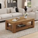 A modern and practical Natural Wood coffee table. The double layered coffee table is made of MDF material. Suitable for living room, bedroom, and study