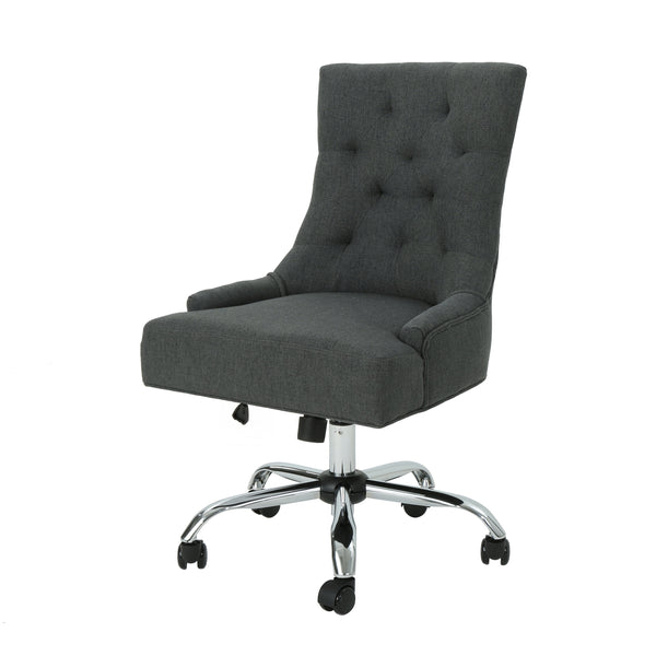 Glory Diamond-Tufted Upholstered Office Chair with Rolling Casters and Sloped Arms, Dark Grey and Chrome