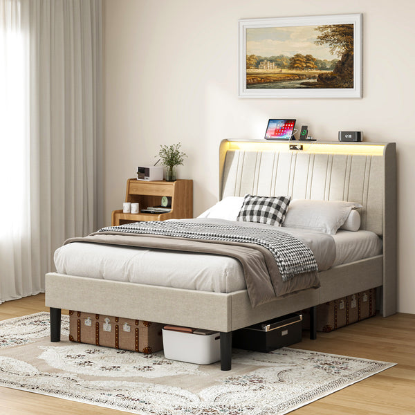 Twin Size Platform Bed Frame with Fabric Upholstered Headboard and Wooden Slats Support