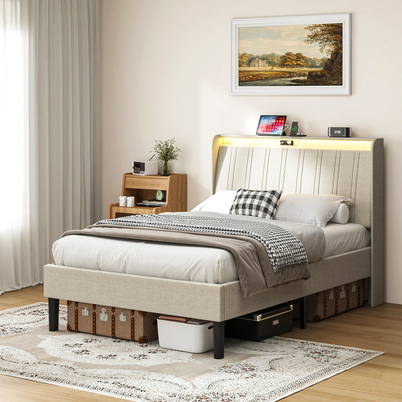Twin Size Platform Bed Frame with Fabric Upholstered Headboard and Wooden Slats Support