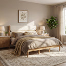 King Size Solid Wood Bed Frame With Fleece Upholstered Headboard, Ivory