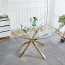 Golden Dining Table with cross metal leg and glass,Modern Space Saving Kitchen Table for Living Room,120x120x75cm