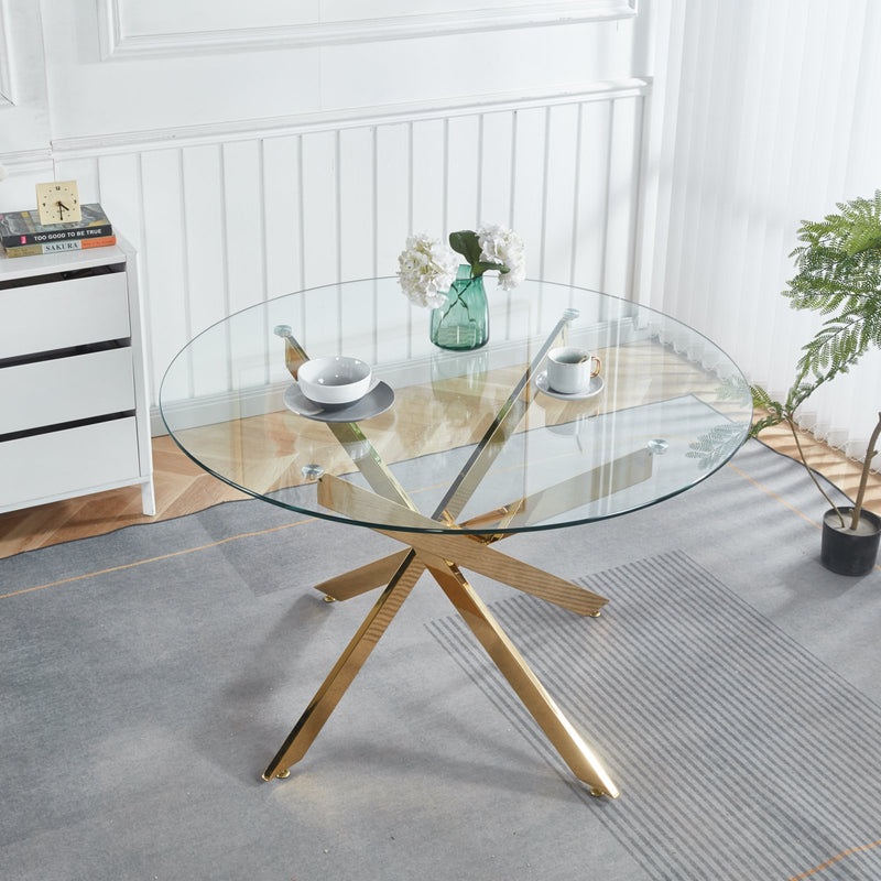 Golden Dining Table with cross metal leg and glass,Modern Space Saving Kitchen Table for Living Room,120x120x75cm