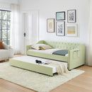 Twin‑Size Daybed,Upholstered Convertible Daybed with Tufted Button Backrest, 3‑in‑1 Versatile Sofa Bed with Pull‑Out Trundle & Side Storage, Perfect for Compact Living-Green