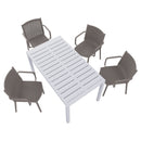 Four pcs Modern Stackable Plastic Armchair Matched with 55-Inch White Long Table,Warm Grey/White21.26*20.08*31.5(in) /55.12*31.5*29.53 (in),pp,metal