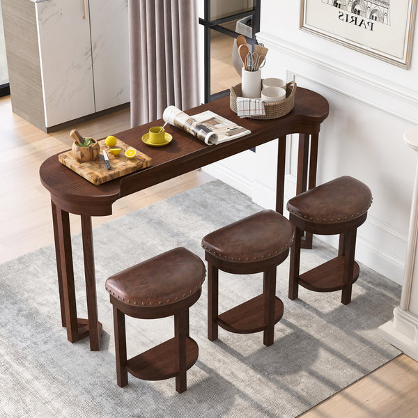 4 Piece Bar Table Set with3 PU Upholstered Bar Stools, Breakfast Table with 3 Padded Stools Solid Wood Counter Height Dining Table Set for Living Room, Dining Room.  Cherry