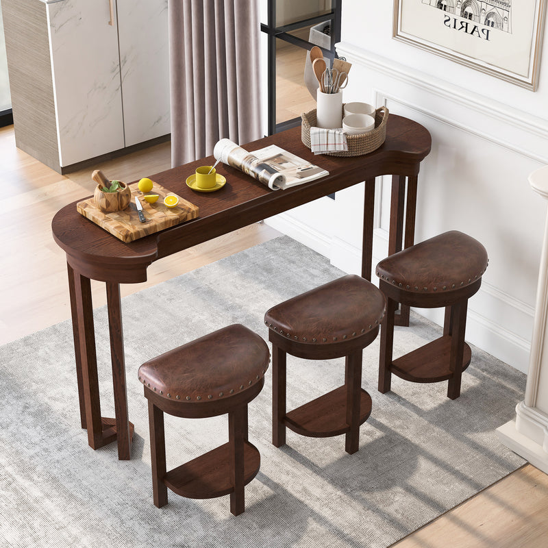 4 Piece Bar Table Set with3 PU Upholstered Bar Stools, Breakfast Table with 3 Padded Stools Solid Wood Counter Height Dining Table Set for Living Room, Dining Room.  Cherry