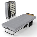 Folding Bed with Headboard & USB Charging Station, 3' Memory Foam Rollaway Bed in Grey Metal & Wood Frame, Compact Portable Guest Bed on Wheels